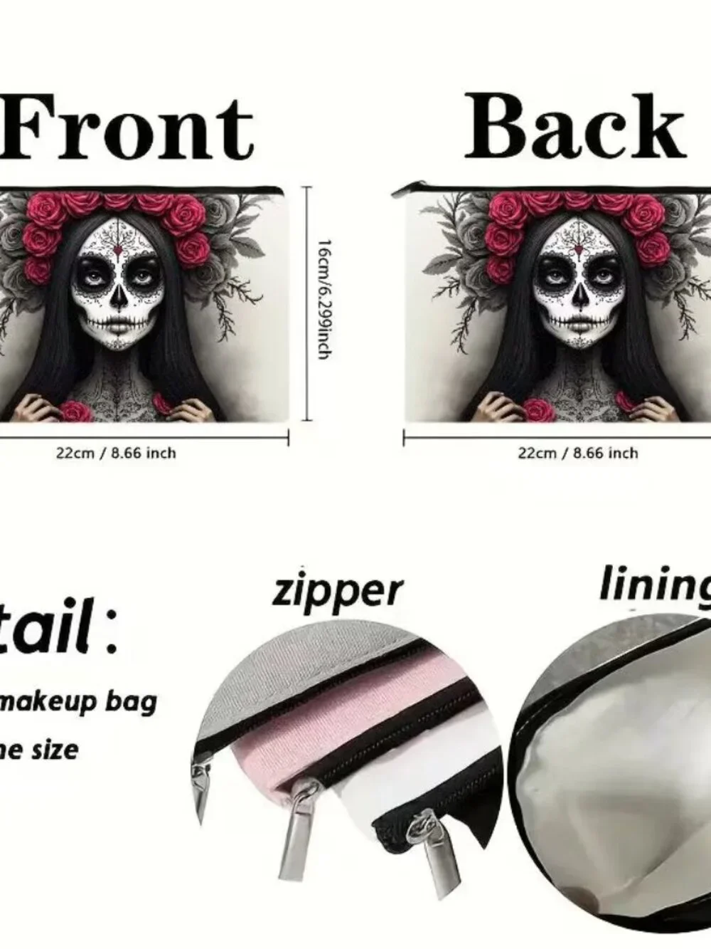 Halloween Dark Goth Mexican Sugar Skull Make Up Bag Double-Sided 6.3h